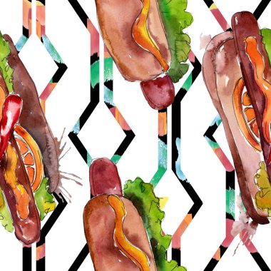 Sosisli fast food lezzetli gıda. Suluboya arka plan illüstrasyon seti. Kesintisiz arka plan deseni.