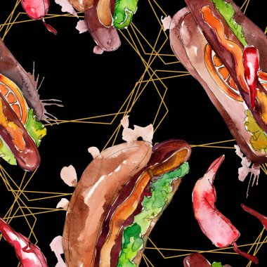 Sosisli fast food lezzetli gıda. Suluboya arka plan illüstrasyon seti. Kesintisiz arka plan deseni.