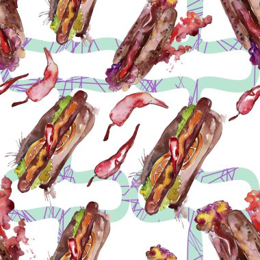 Sosisli fast food lezzetli gıda. Suluboya arka plan illüstrasyon seti. Kesintisiz arka plan deseni.