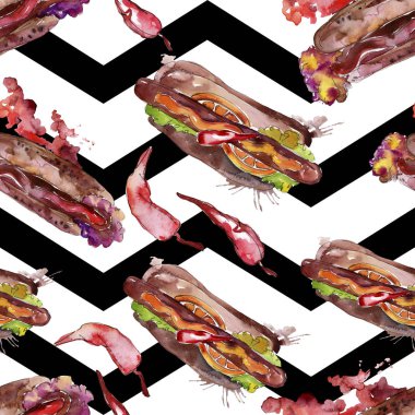 Sosisli fast food lezzetli gıda. Suluboya arka plan illüstrasyon seti. Kesintisiz arka plan deseni.