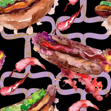 Sosisli fast food lezzetli gıda. Suluboya arka plan illüstrasyon seti. Kesintisiz arka plan deseni.