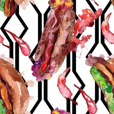 Sosisli fast food lezzetli gıda. Suluboya arka plan illüstrasyon seti. Kesintisiz arka plan deseni.