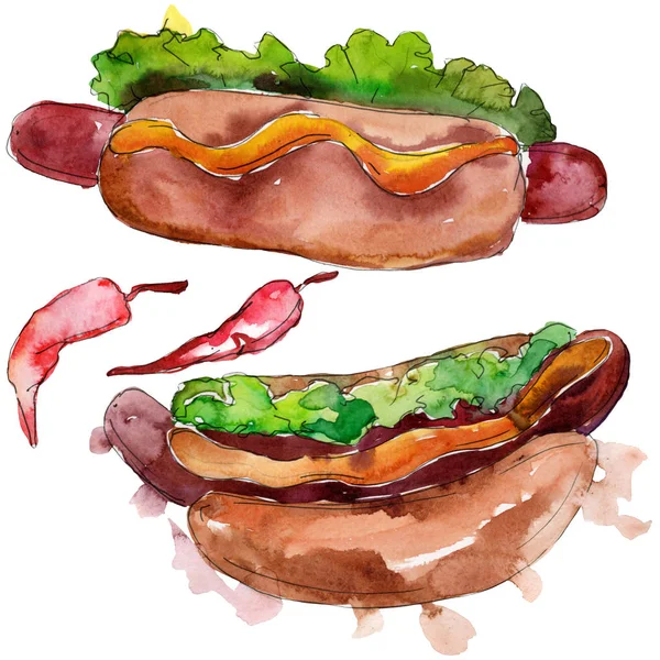 Hot dog fastfood lekker eten. Aquarel achtergrond illustratie set. Geïsoleerd element ter illustratie van fastfood. — Stockfoto