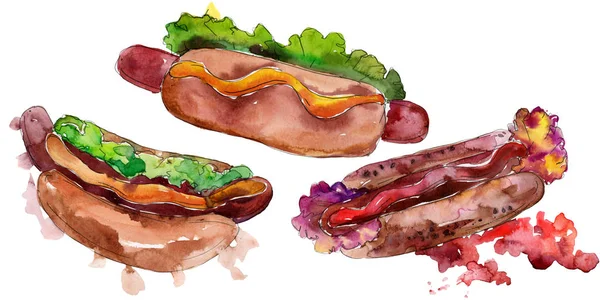 Hot dog fast food tasty food. Watercolor background illustration set. Isolated fast food illustration element. — Stock Photo, Image
