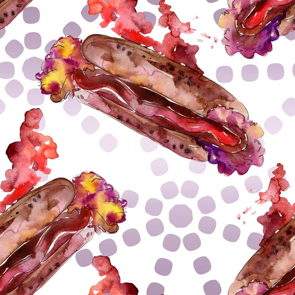 Hot dog fast food tasty food. Watercolor background illustration set. Seamless background pattern.