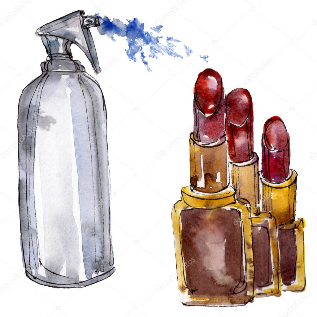 Cosmeticks products sketch glamour illustration. Watercolor background illustration set. Isolated cosmrticks element.