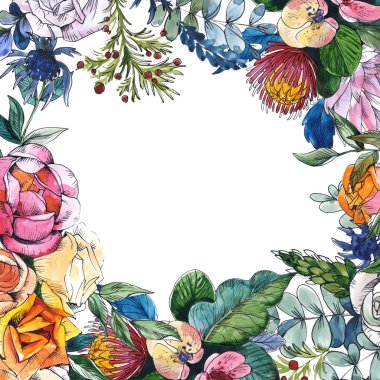 Yaban çiçekleri buket botanik çiçekleri. Vahşi bahar yaprağı yaban çiçeği izole. Suluboya arka plan illüstrasyon seti. Suluboya çizim moda Aquarelle. Çerçeve kenarlık süsleme kare.