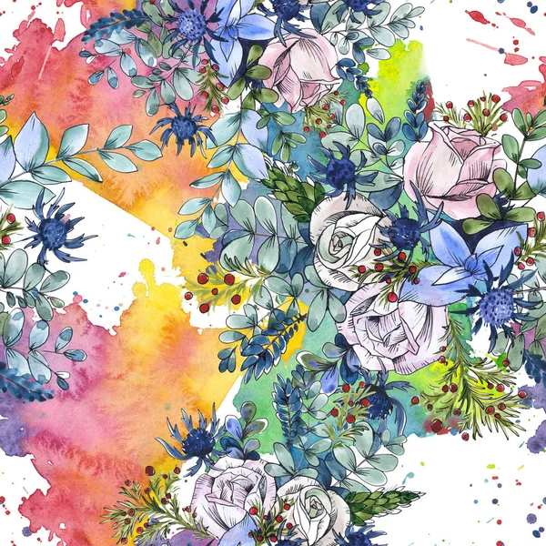 ワイルドフラワーブーケ花の植物の花。水彩画背景イラストセット。シームレスな背景パターン. — ストック写真