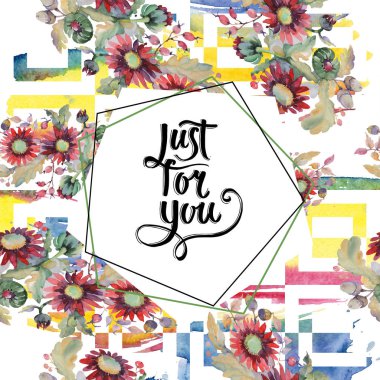 Kırmızı Aster ve meşe palamudu buket botanik çiçekler. Suluboya arka plan illüstrasyon seti. Çerçeve kenarlık süsleme kare.