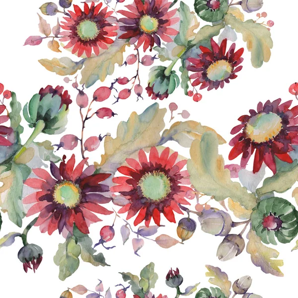 Asta rossa e fiori botanici floreali bouquet di ghiande. Set illustrazione acquerello. Modello di sfondo senza soluzione di continuità . — Foto Stock