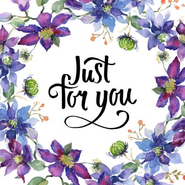 Clematis çiçek botanik çiçekleri buket. Suluboya arka plan illüstrasyon seti. Çerçeve kenarlık süsleme kare.