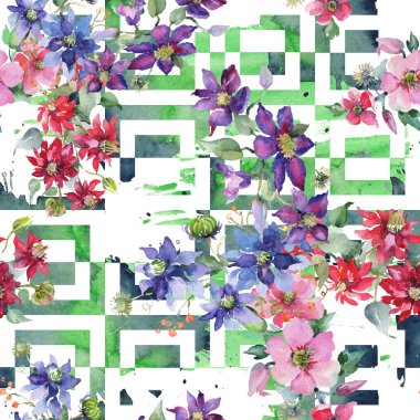 Clematis çiçek botanik çiçekleri buket. Suluboya arka plan illüstrasyon seti. Kesintisiz arka plan deseni.