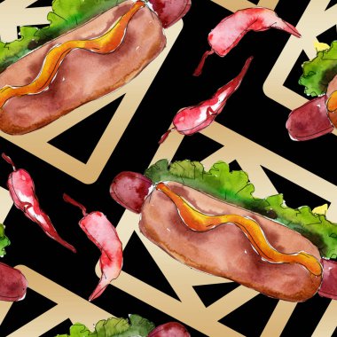 Sosisli fast food lezzetli gıda. Suluboya arka plan illüstrasyon seti. Kesintisiz arka plan deseni.