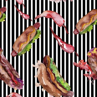 Sosisli fast food lezzetli gıda. Suluboya arka plan illüstrasyon seti. Kesintisiz arka plan deseni.