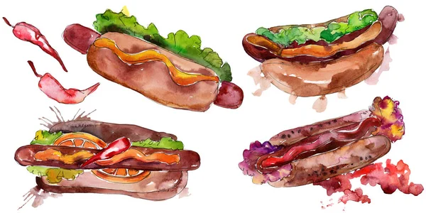 Hot dog gyorskaja ízletes étel. Akvarell háttér illusztráció készlet. Izolált gyorskaja-illusztrációs elem. — Stock Fotó