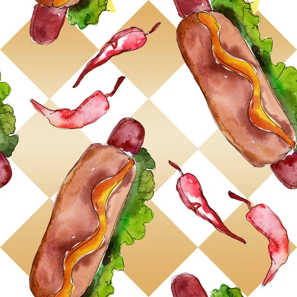 Hot dog gyorsétterem ízletes ételeket. Akvarell háttér illusztráció meg. Folytonos háttérmintázat. — Stock Fotó