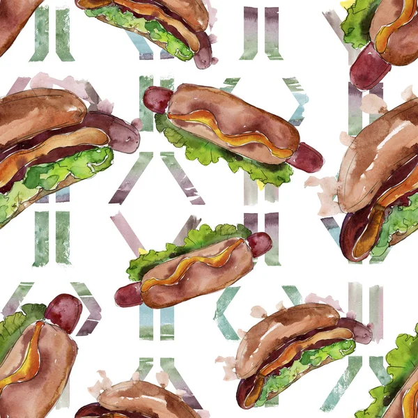 Hotdog fastfood lekker eten. Aquarel achtergrond illustratie instellen. Naadloos achtergrond patroon. — Stockfoto