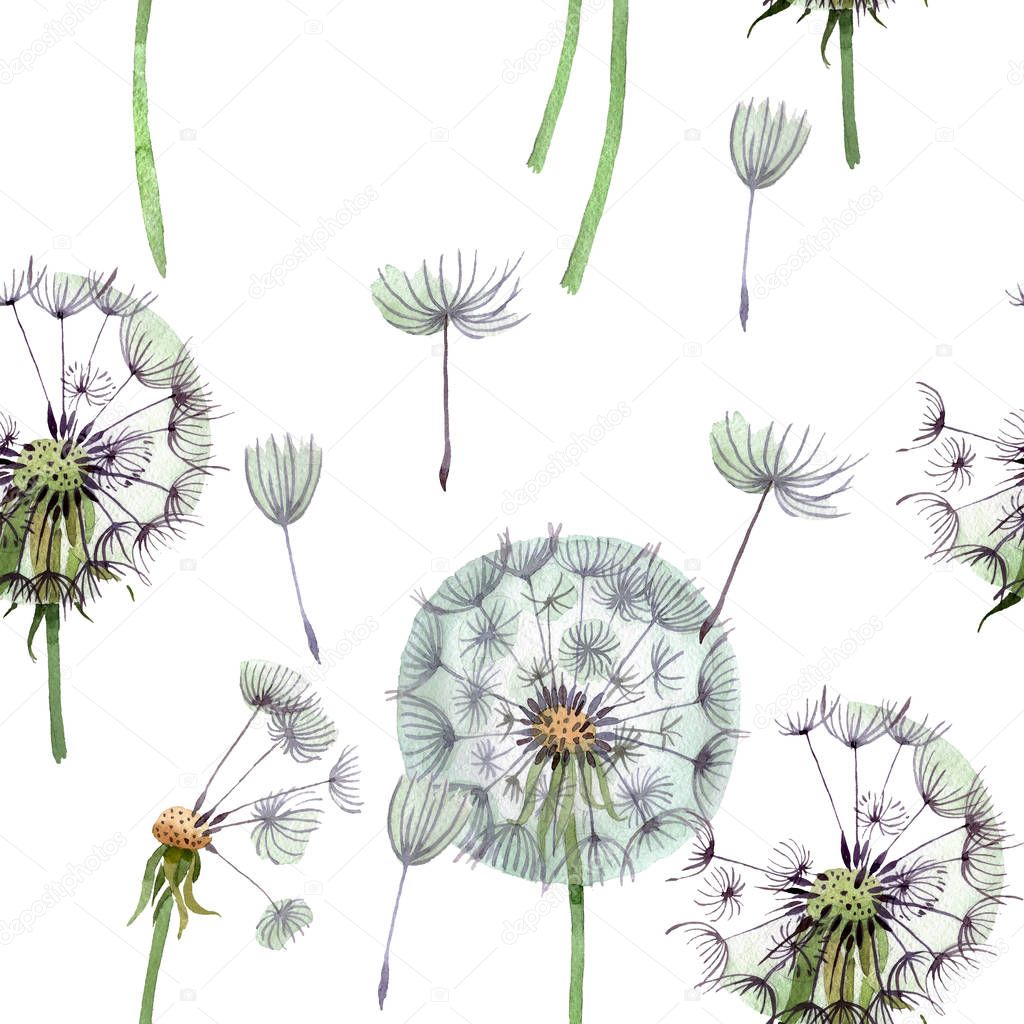 Dandelion blowball with seeds. Watercolor background illustration set. Seamless background pattern.