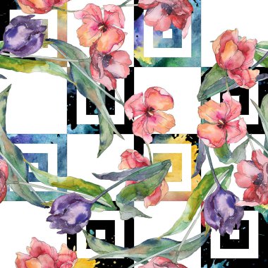 Kırmızı ve mor Lale Çiçek Botanik akıları. Suluboya arka plan illüstrasyon seti. Kesintisiz arka plan deseni.