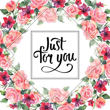 Pembe buket çiçek botanik çiçek gül. Vahşi bahar yaprak izole kır çiçeği. Suluboya arka plan illüstrasyon küme. Suluboya çizim moda aquarelle izole. Çerçeve kenarlığı süsleme Meydanı.