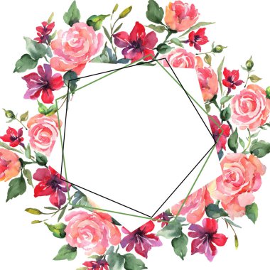 Pembe buket çiçek botanik çiçek gül. Vahşi bahar yaprak izole kır çiçeği. Suluboya arka plan illüstrasyon küme. Suluboya çizim moda aquarelle izole. Çerçeve kenarlığı süsleme Meydanı.