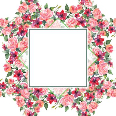 Pembe buket çiçek botanik çiçek gül. Vahşi bahar yaprak izole kır çiçeği. Suluboya arka plan illüstrasyon küme. Suluboya çizim moda aquarelle izole. Çerçeve kenarlığı süsleme Meydanı.