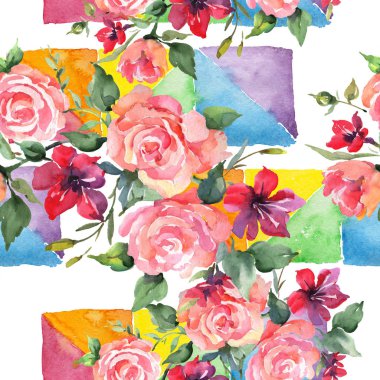Pembe gül buketi botanik çiçek. Vahşi bahar yaprak kır çiçeği. Suluboya resim kümesi. Suluboya çizim moda aquarelle. Sorunsuz arka plan deseni. Kumaş duvar kağıdı yazdırma doku.