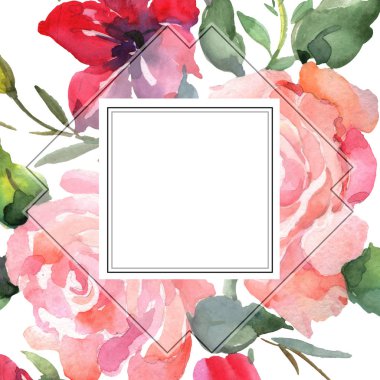 Pembe buket çiçek botanik çiçek gül. Vahşi bahar yaprak izole kır çiçeği. Suluboya arka plan illüstrasyon küme. Suluboya çizim moda aquarelle izole. Çerçeve kenarlığı süsleme Meydanı.