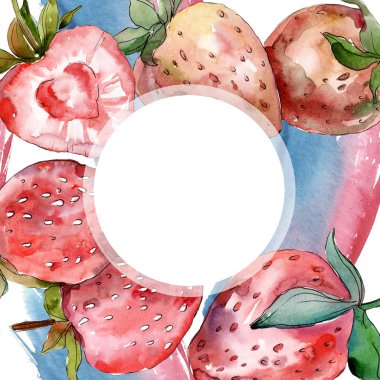 Çilek sağlıklı gıda izole. Suluboya arka plan illüstrasyon seti. Suluboya çizim moda aquarelle izole. Çerçeve kenarlık süs karesi.