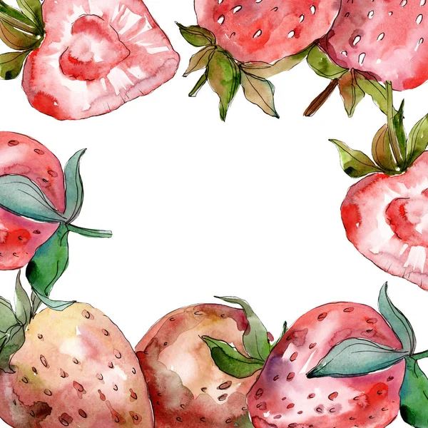 草莓健康食品分离 水彩背景插图集 水彩画时尚水瓶座孤立 框架边框装饰广场 — 图库照片