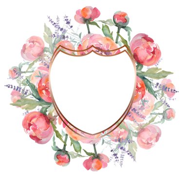 Pembe şakayık buket çiçek botanik çiçekler. Suluboya arka plan illüstrasyon seti. Çerçeve kenarlık süsleme kare.