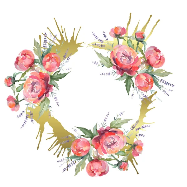 粉红色牡丹花束花植物花卉。水彩背景插图集。框架边框装饰正方形. — 图库照片