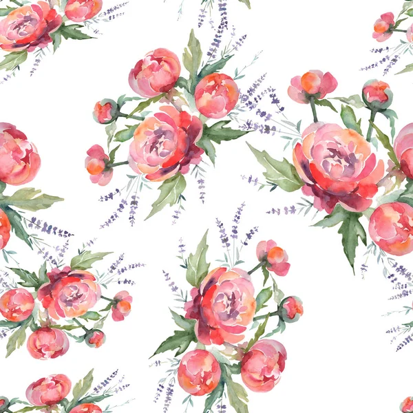 Buquê de peônia rosa flores botânicas florais. Conjunto de ilustrações aquarela. Padrão de fundo sem costura . — Fotografia de Stock
