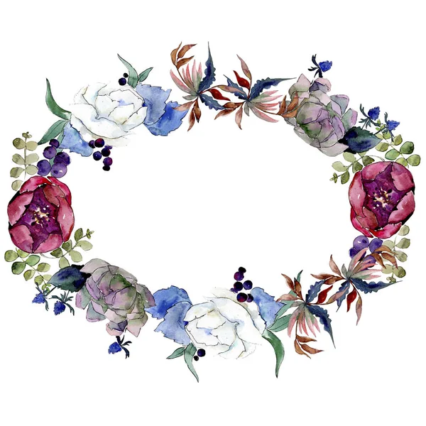 Buquê flores botânicas florais. Conjunto de ilustração de fundo aquarela. Quadro borda ornamento quadrado . — Fotografia de Stock