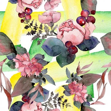 Kırmızı buket çiçek botanik çiçekler. Suluboya arka plan illüstrasyon seti. Kesintisiz arka plan deseni.