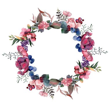 Kırmızı buket çiçek botanik çiçekler. Suluboya arka plan illüstrasyon seti. Çerçeve kenarlık süs karesi.