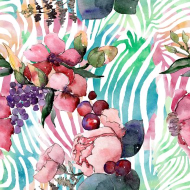 Kırmızı buket çiçek botanik çiçekler. Suluboya arka plan illüstrasyon seti. Kesintisiz arka plan deseni.