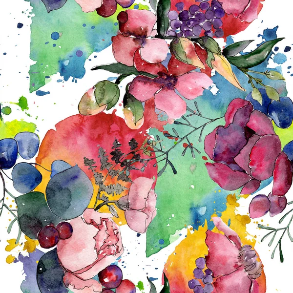Röd bukett blommiga botaniska blommor. Akvarell bakgrund illustration uppsättning. Sömlöst bakgrundsmönster. — Stockfoto