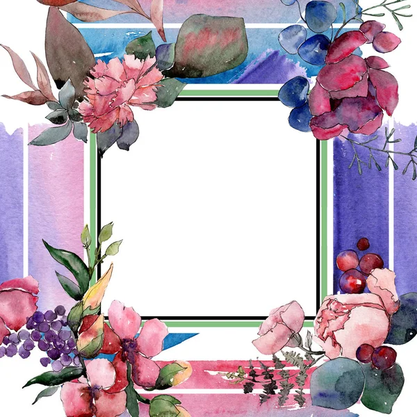 Fiori botanici floreali rossi bouquet. Acquerello sfondo illustrazione set. Quadrato ornamento bordo cornice . — Foto Stock