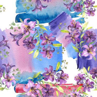 Mor zambak buketi çiçek botanik çiçekler. Suluboya arka plan illüstrasyon seti. Kesintisiz arka plan deseni.