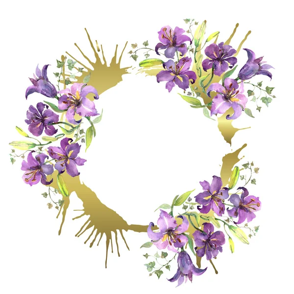 Buquê lírio roxo flores botânicas florais. Conjunto de ilustração de fundo aquarela. Quadro borda ornamento quadrado . — Fotografia de Stock