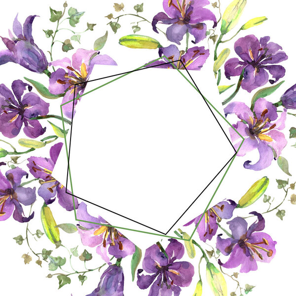 Фиолетовый букет лилии цветочные ботанические цветы. Набор акварельных фонов. Граничный орнамент
.