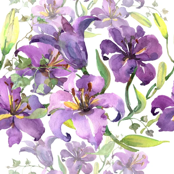 Purple lily bouquet floral botanical flowers. Watercolor background illustration set. Seamless background pattern. — Stock Photo, Image