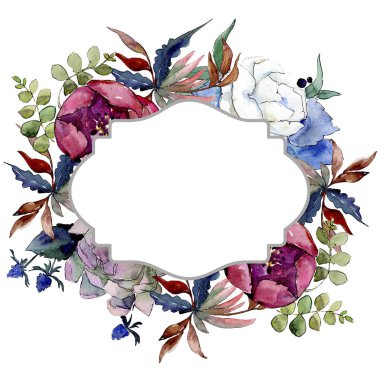 Buket çiçek botanik çiçekler. Suluboya arka plan illüstrasyon küme. Çerçeve kenarlığı süsleme Meydanı.