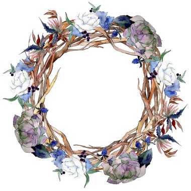 Buket çiçek botanik çiçekler. Suluboya arka plan illüstrasyon küme. Çerçeve kenarlığı süsleme Meydanı.