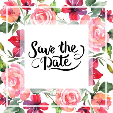 Pembe buket çiçek botanik çiçek gül. Vahşi bahar yaprak izole kır çiçeği. Suluboya arka plan illüstrasyon küme. Suluboya çizim moda aquarelle izole. Çerçeve kenarlığı süsleme Meydanı.