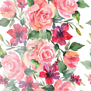 Pembe gül buketi botanik çiçek. Vahşi bahar yaprak kır çiçeği. Suluboya resim kümesi. Suluboya çizim moda aquarelle. Sorunsuz arka plan deseni. Kumaş duvar kağıdı yazdırma doku.