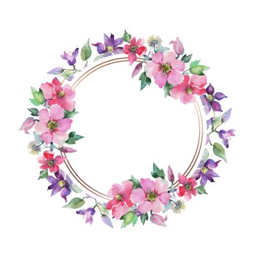 Clematis çiçek botanik çiçekleri buket. Suluboya arka plan illüstrasyon seti. Çerçeve kenarlık süsleme kare.