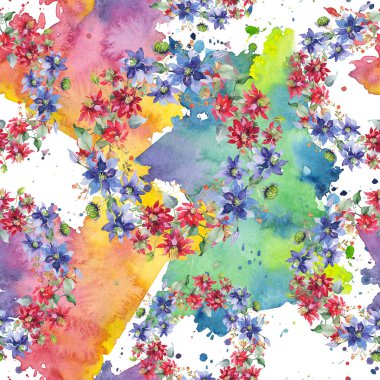 Clematis çiçek botanik çiçekleri buket. Suluboya arka plan illüstrasyon seti. Kesintisiz arka plan deseni.