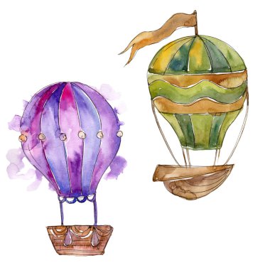 Sıcak hava balon arka plan fly hava taşımacılığı. Suluboya arka plan ayarlamak. İzole balonlar illüstrasyon öğesi.